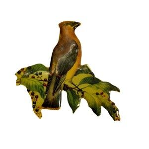 Vintage Laminated Bird on Branch Brooch Pin Artist Signed Cedar Waxwing Rustic